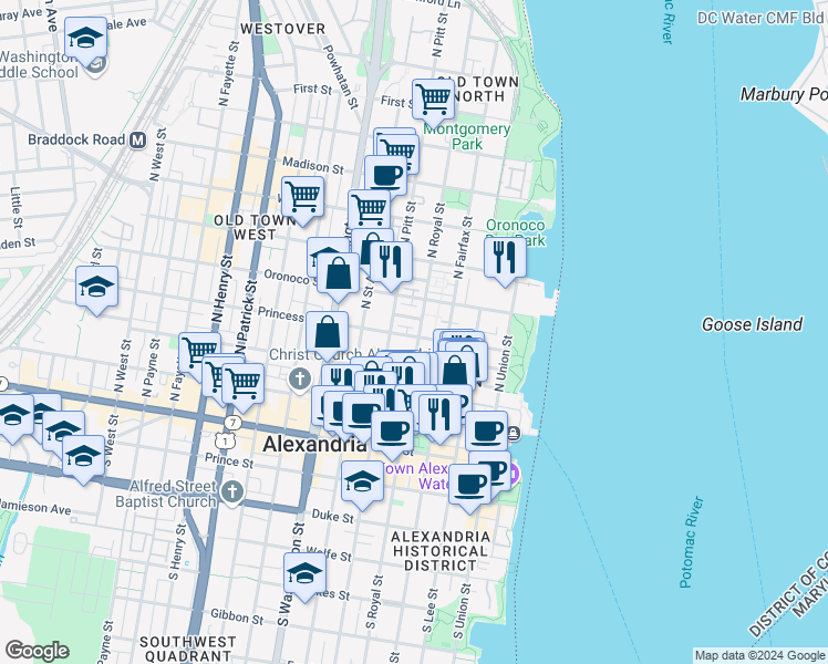 map of restaurants, bars, coffee shops, grocery stores, and more near 403 Princess Street in Alexandria