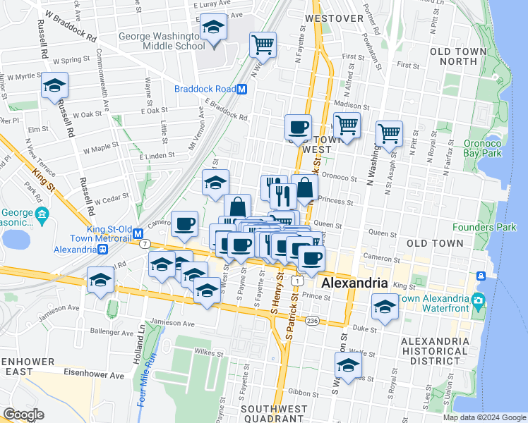 map of restaurants, bars, coffee shops, grocery stores, and more near 1211 Queen Street in Alexandria
