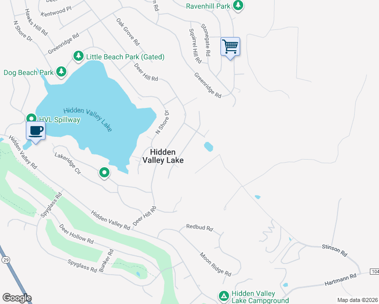map of restaurants, bars, coffee shops, grocery stores, and more near 17384 Meadow View Drive in Hidden Valley Lake