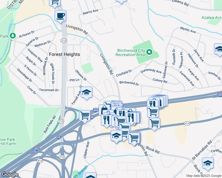 map of restaurants, bars, coffee shops, grocery stores, and more near 5911 Shoshone Drive in Oxon Hill