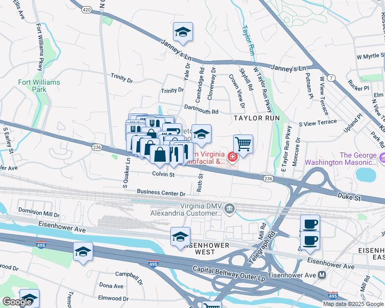 map of restaurants, bars, coffee shops, grocery stores, and more near 126 Cambridge Road in Alexandria