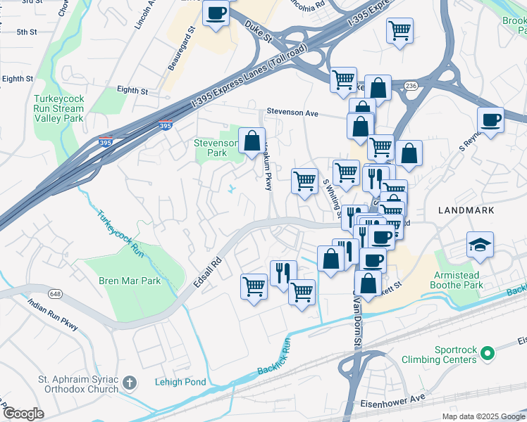map of restaurants, bars, coffee shops, grocery stores, and more near 6139 Edsall Road in Alexandria