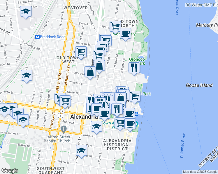 map of restaurants, bars, coffee shops, grocery stores, and more near 409 Princess Street in Alexandria