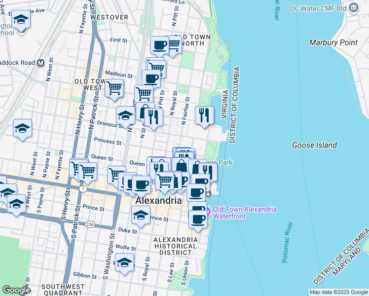map of restaurants, bars, coffee shops, grocery stores, and more near 409 North Fairfax Street in Alexandria