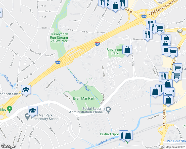 map of restaurants, bars, coffee shops, grocery stores, and more near 5260 Cozy Glen Lane in Alexandria