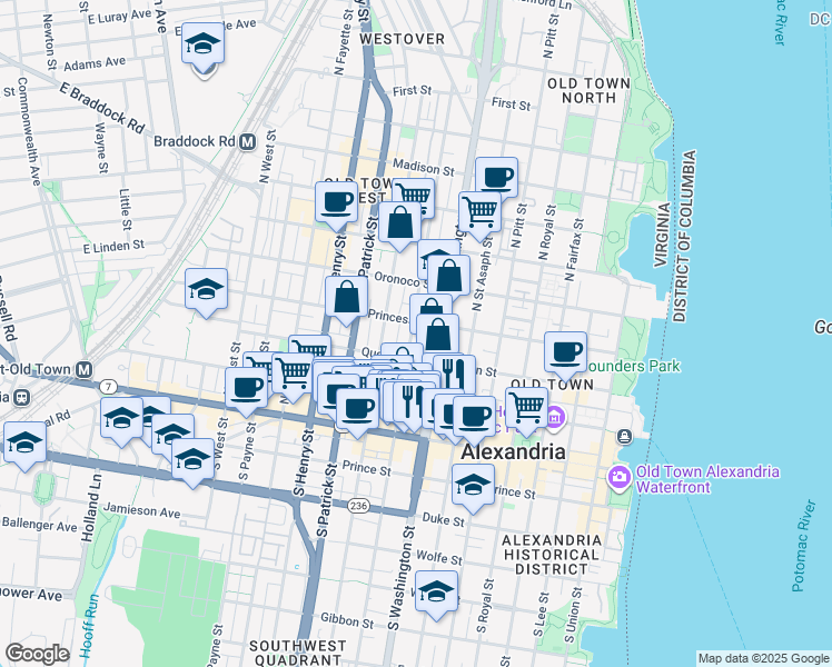 map of restaurants, bars, coffee shops, grocery stores, and more near 317 North Columbus Street in Alexandria