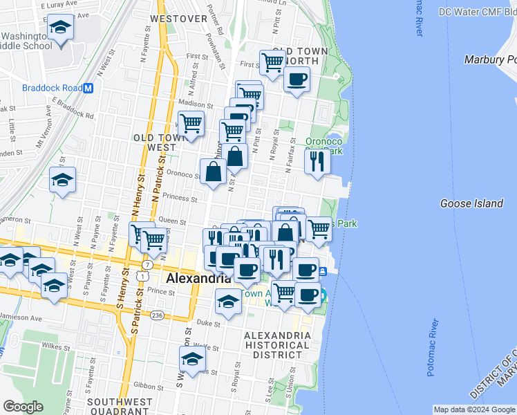 map of restaurants, bars, coffee shops, grocery stores, and more near 407 Princess Street in Alexandria