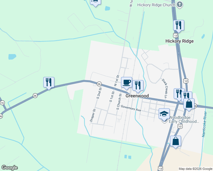 map of restaurants, bars, coffee shops, grocery stores, and more near 204 West Market Street in Greenwood