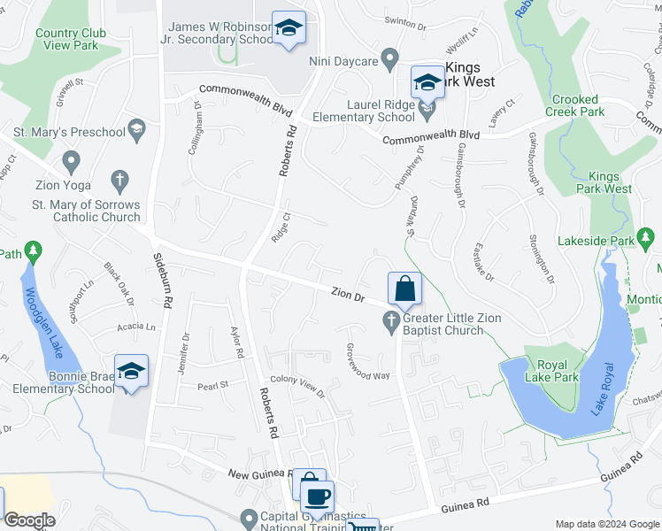 map of restaurants, bars, coffee shops, grocery stores, and more near 10262 Lindsey Meadow Court in Fairfax
