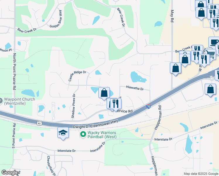 map of restaurants, bars, coffee shops, grocery stores, and more near 28 Austin Hill Court in Wentzville