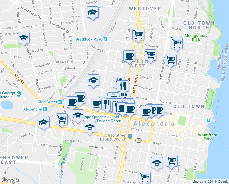 map of restaurants, bars, coffee shops, grocery stores, and more near 1209 Queen Street in Alexandria