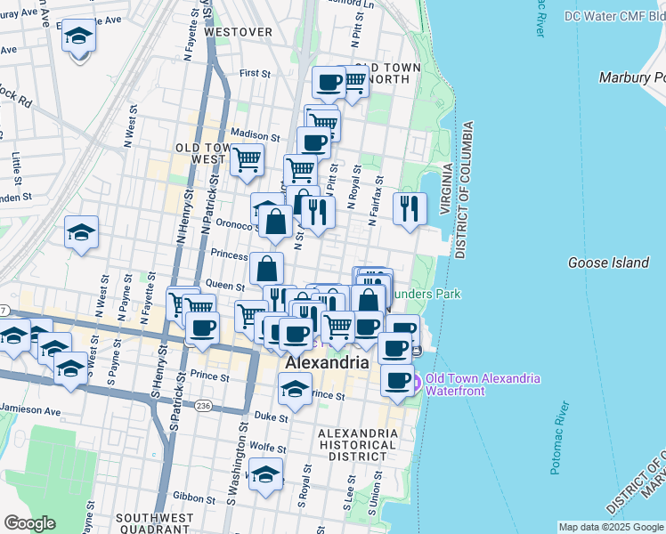 map of restaurants, bars, coffee shops, grocery stores, and more near 409 Princess Street in Alexandria