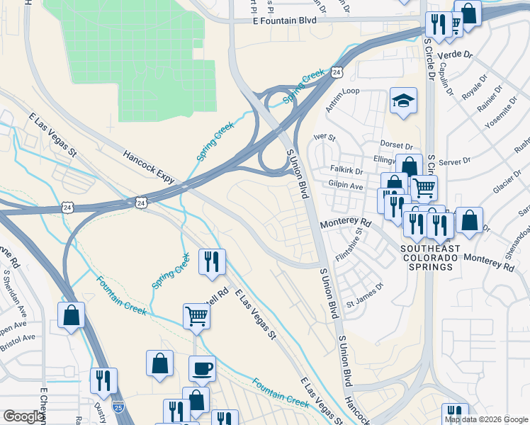 map of restaurants, bars, coffee shops, grocery stores, and more near 1698 Derbyshire Street in Colorado Springs