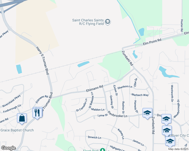 map of restaurants, bars, coffee shops, grocery stores, and more near 2951 Oakmoor Drive in Saint Charles