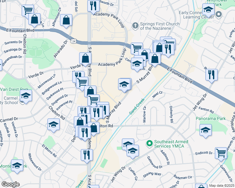 map of restaurants, bars, coffee shops, grocery stores, and more near Pulsar Dr in Colorado Springs