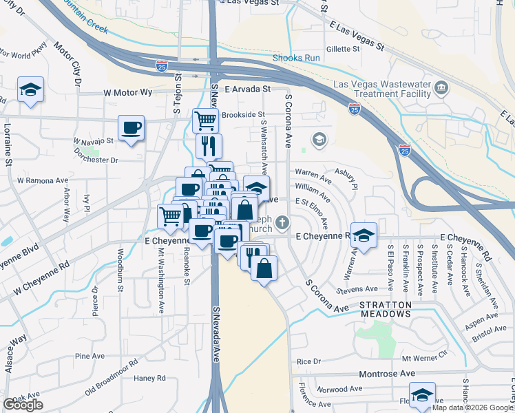 map of restaurants, bars, coffee shops, grocery stores, and more near 1832 South Wahsatch Avenue in Colorado Springs