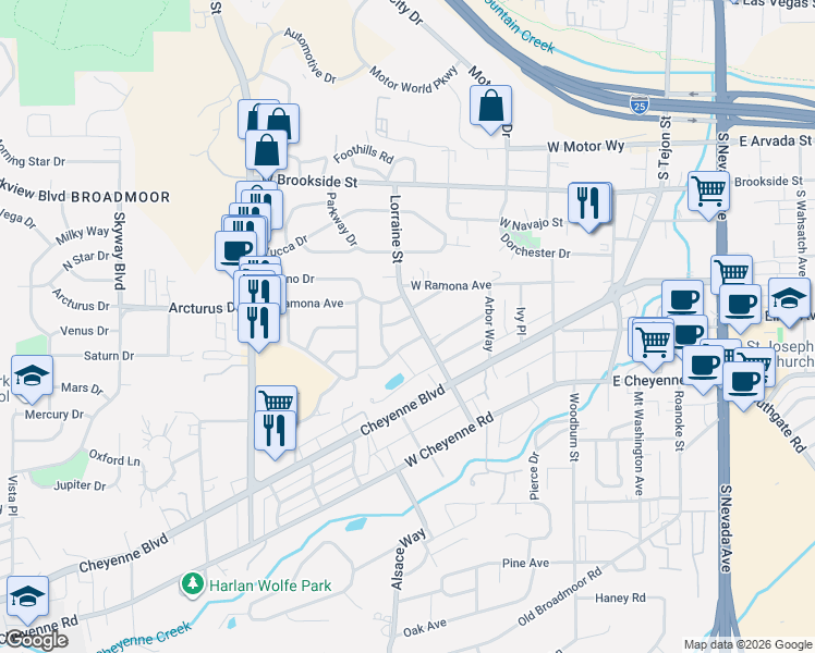 map of restaurants, bars, coffee shops, grocery stores, and more near 312 La Clede Avenue in Colorado Springs
