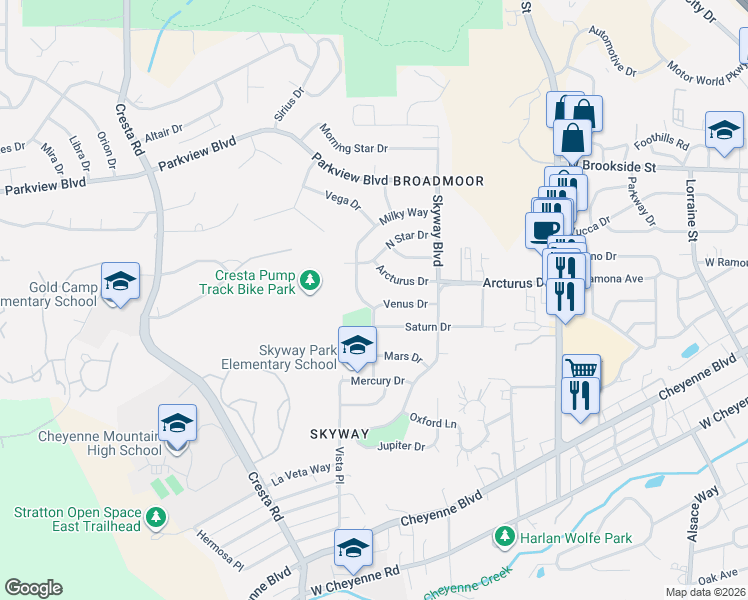 map of restaurants, bars, coffee shops, grocery stores, and more near 1017 Venus Drive in Colorado Springs
