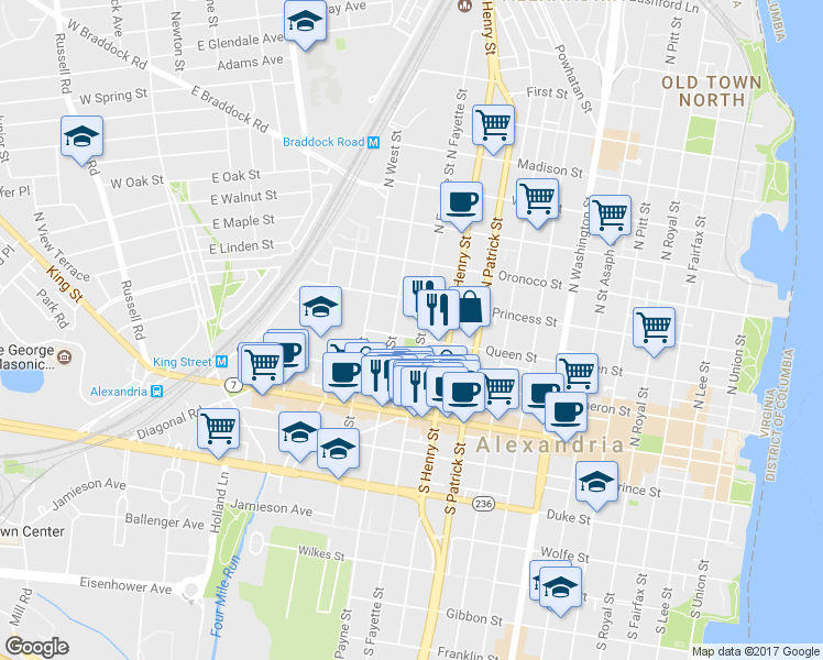 map of restaurants, bars, coffee shops, grocery stores, and more near 250-298 North Fayette Street in Alexandria