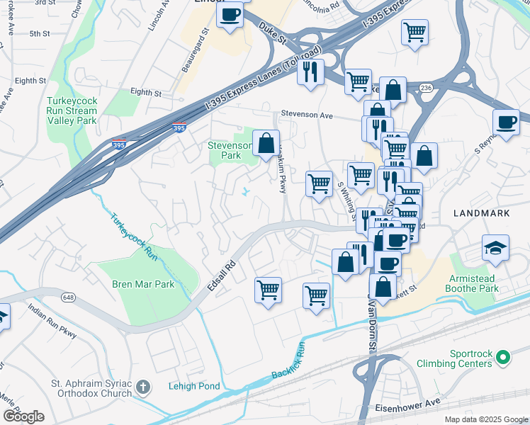 map of restaurants, bars, coffee shops, grocery stores, and more near 6141 Edsall Road in Alexandria