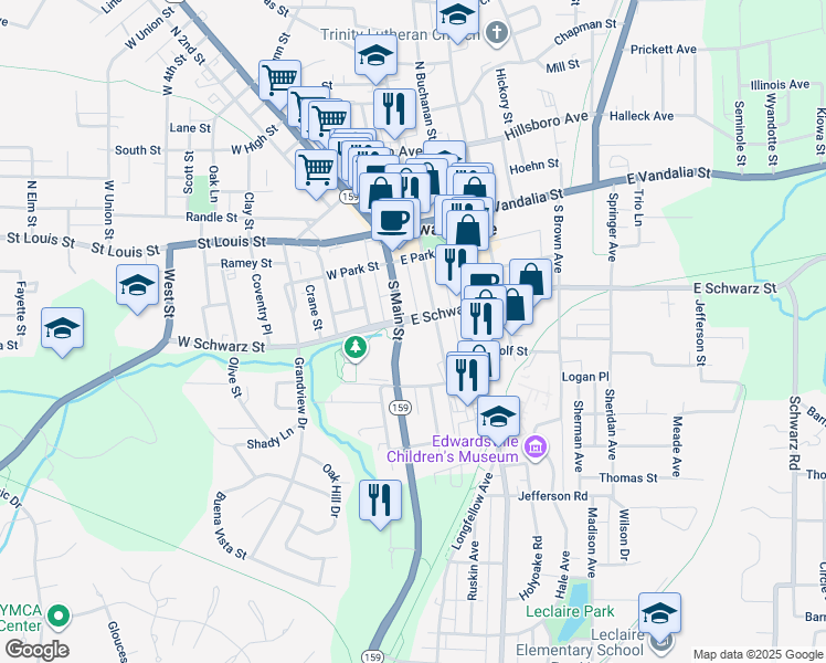 map of restaurants, bars, coffee shops, grocery stores, and more near in Edwardsville