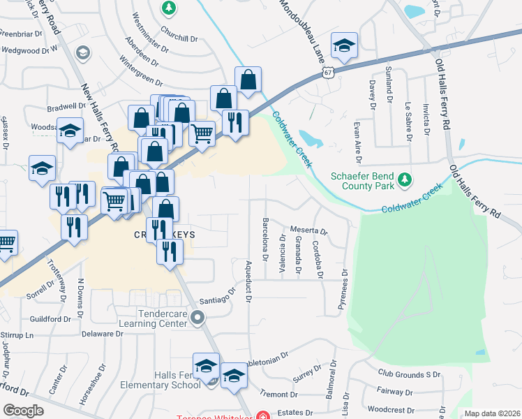 map of restaurants, bars, coffee shops, grocery stores, and more near 2135 Barcelona Drive in Florissant