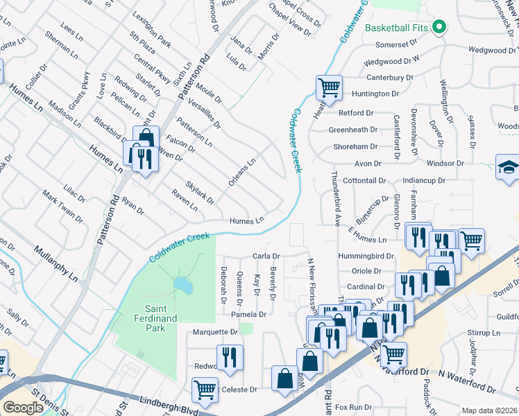 map of restaurants, bars, coffee shops, grocery stores, and more near 130 Humes Lane in Florissant