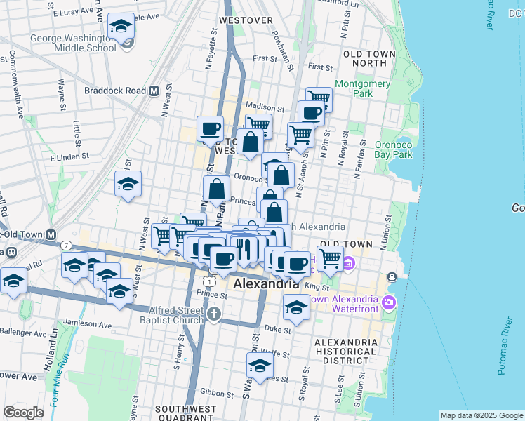 map of restaurants, bars, coffee shops, grocery stores, and more near 323 North Columbus Street in Alexandria