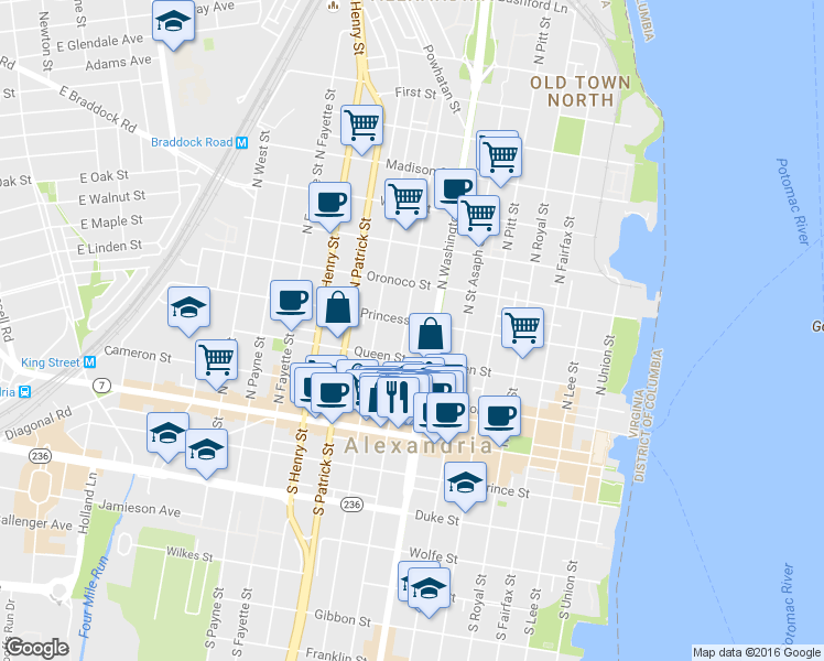 map of restaurants, bars, coffee shops, grocery stores, and more near 323 North Columbus Street in Alexandria