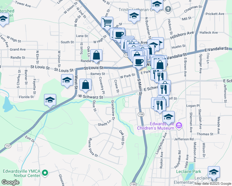 map of restaurants, bars, coffee shops, grocery stores, and more near 3 West Schwarz Street in Edwardsville