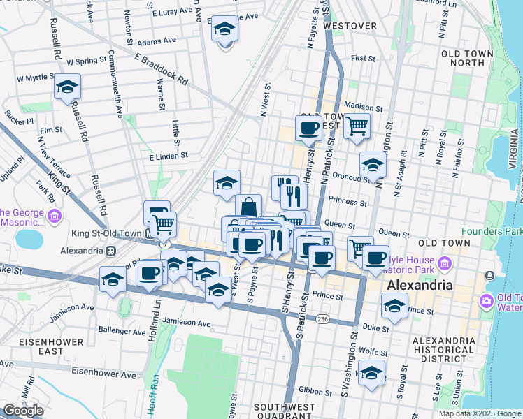 map of restaurants, bars, coffee shops, grocery stores, and more near 1303 Queen Street in Alexandria