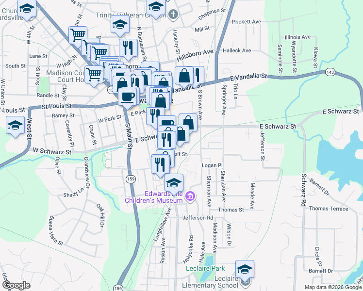 map of restaurants, bars, coffee shops, grocery stores, and more near 324 South Fillmore Street in Edwardsville