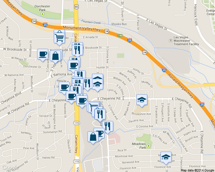 map of restaurants, bars, coffee shops, grocery stores, and more near 510 Lynn Avenue in Colorado Springs