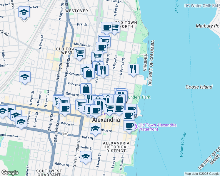 map of restaurants, bars, coffee shops, grocery stores, and more near 406 South Royal Street in Alexandria