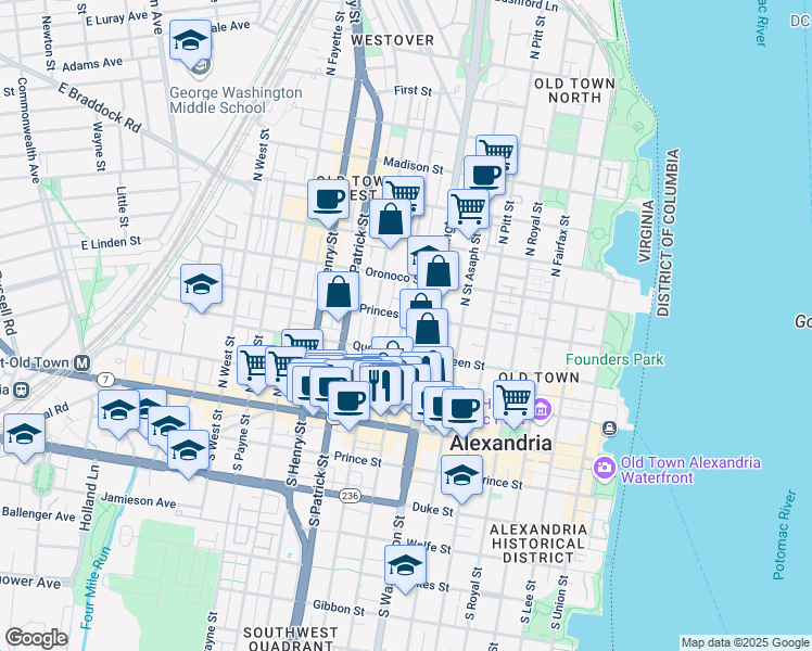 map of restaurants, bars, coffee shops, grocery stores, and more near 319 North Columbus Street in Alexandria