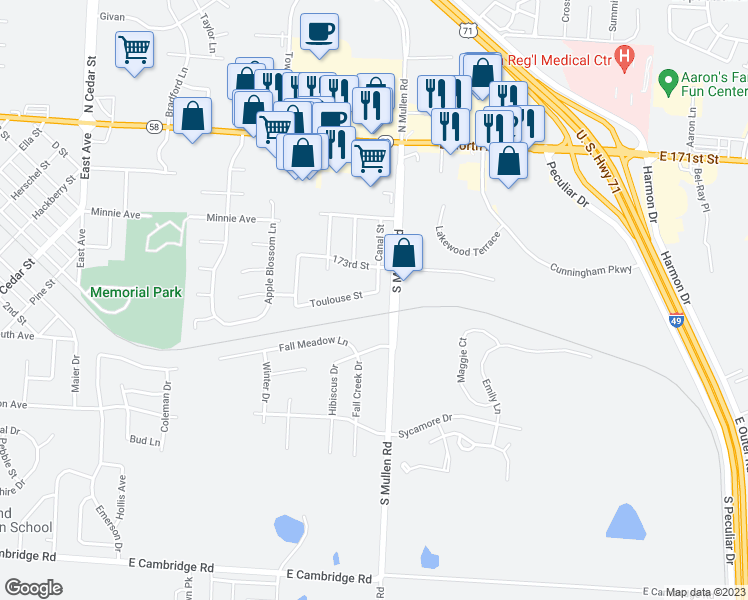 map of restaurants, bars, coffee shops, grocery stores, and more near 1313 Toulouse Street in Belton