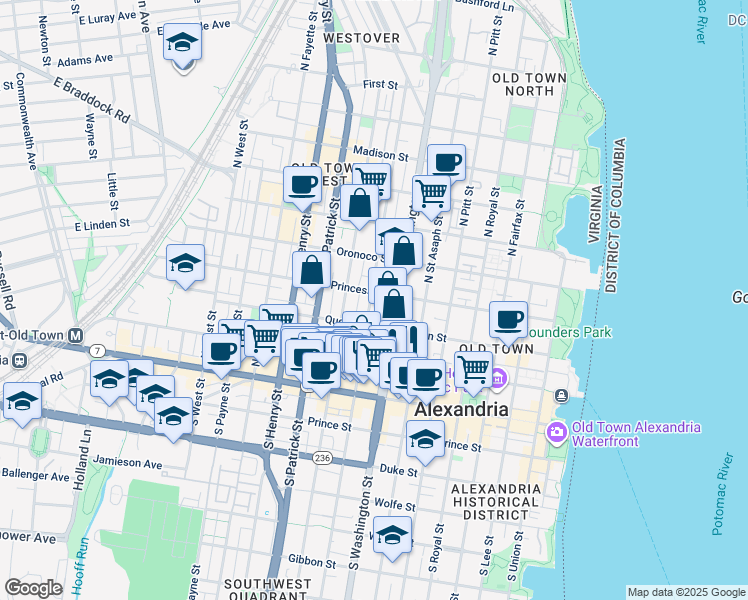 map of restaurants, bars, coffee shops, grocery stores, and more near 321 North Columbus Street in Alexandria