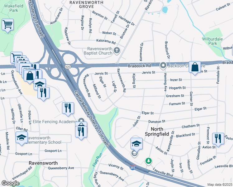 map of restaurants, bars, coffee shops, grocery stores, and more near 5218 Light Street in Springfield