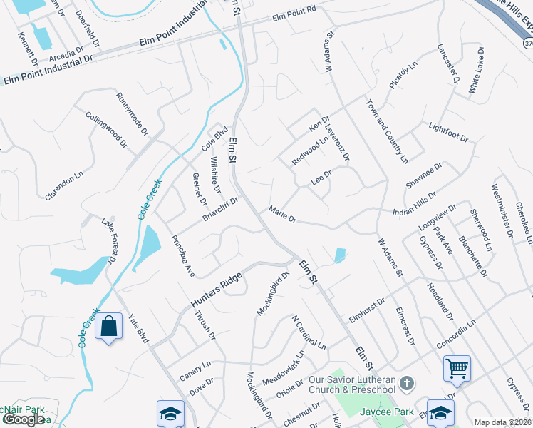 map of restaurants, bars, coffee shops, grocery stores, and more near 15 Marie Drive in Saint Charles