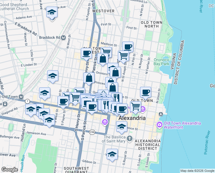 map of restaurants, bars, coffee shops, grocery stores, and more near 325 North Columbus Street in Alexandria