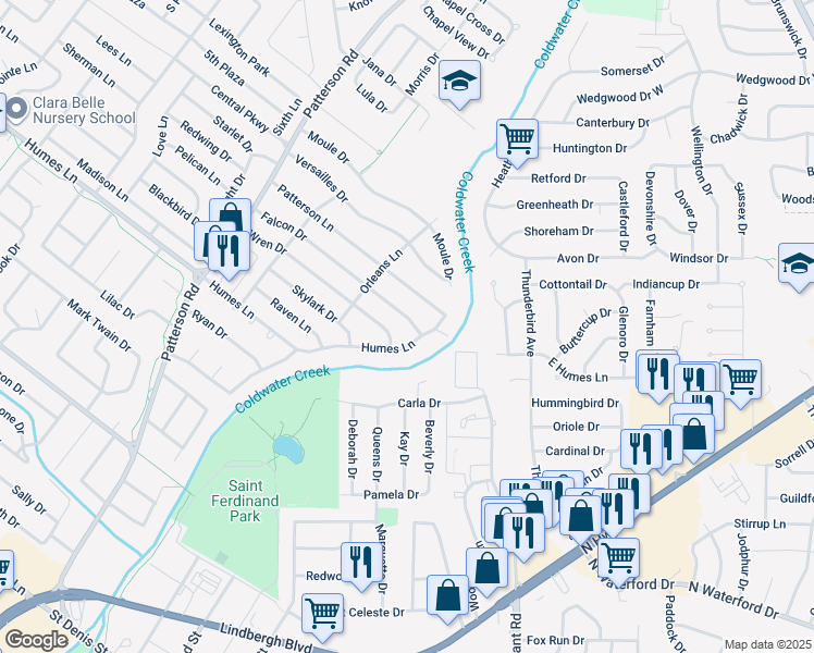 map of restaurants, bars, coffee shops, grocery stores, and more near 130 Humes Lane in Florissant
