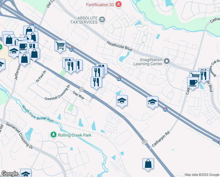 map of restaurants, bars, coffee shops, grocery stores, and more near 14544 Alsace Lane in Gainesville