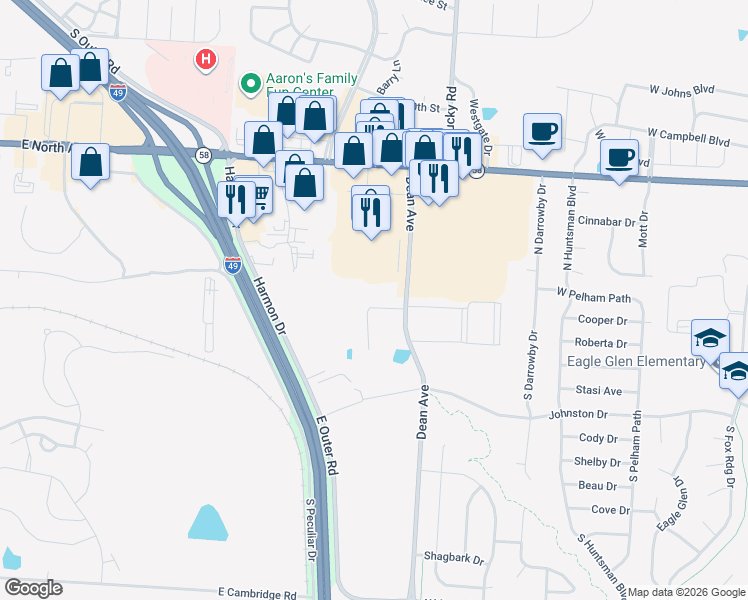 map of restaurants, bars, coffee shops, grocery stores, and more near 123 Barberry Lane in Raymore