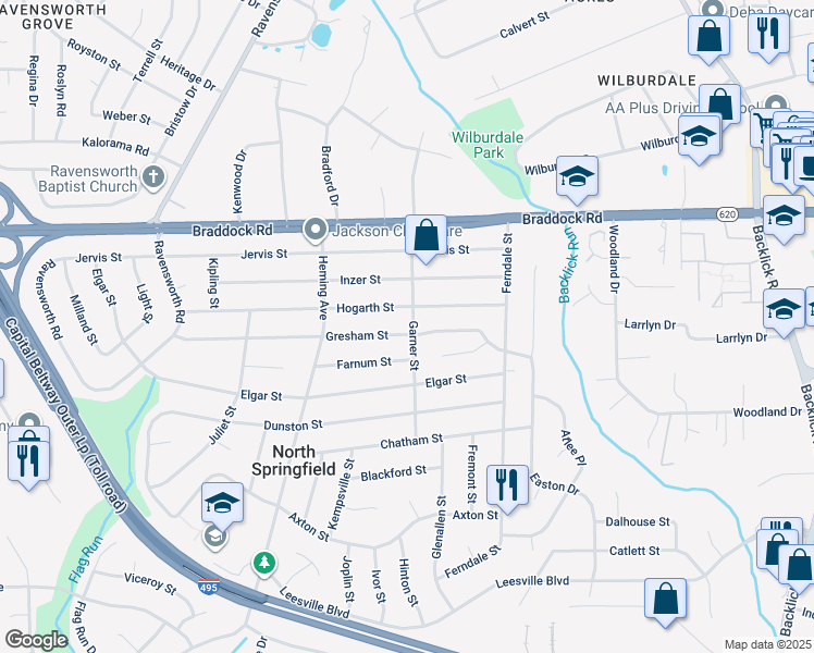 map of restaurants, bars, coffee shops, grocery stores, and more near 5211 Garner Street in Springfield