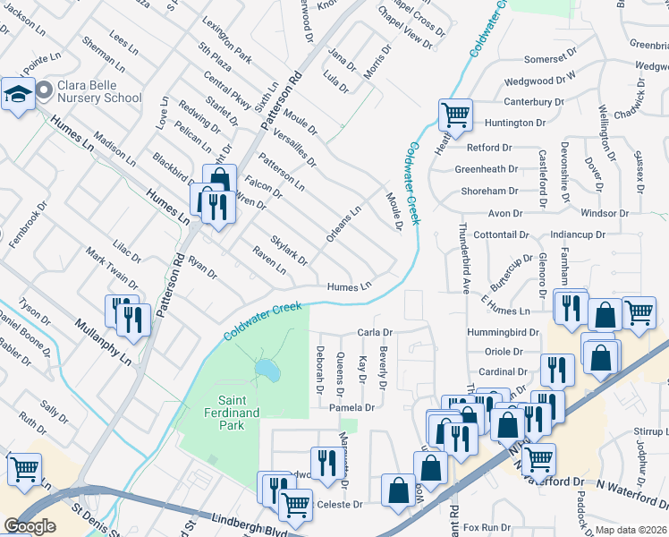 map of restaurants, bars, coffee shops, grocery stores, and more near 260 Wren Drive in Florissant