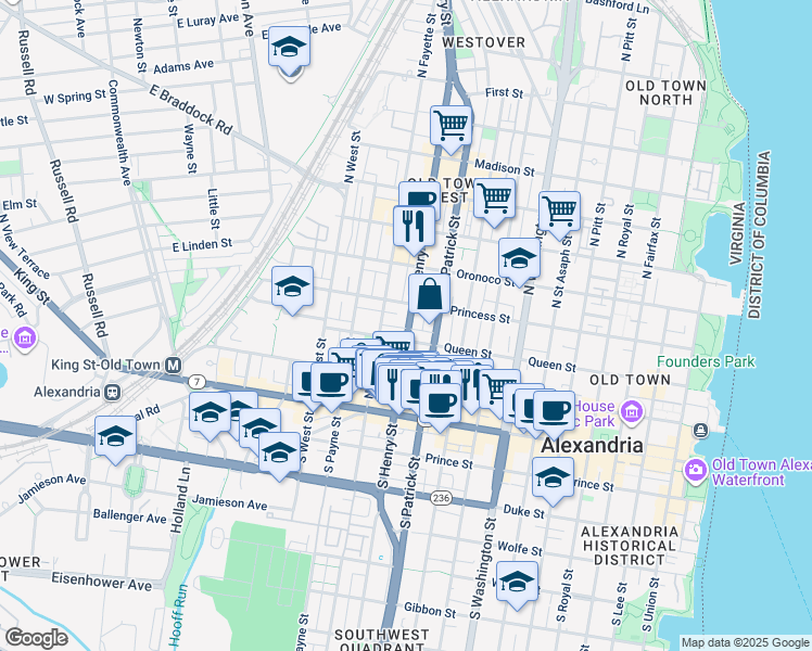 map of restaurants, bars, coffee shops, grocery stores, and more near 312 North Henry Street in Alexandria