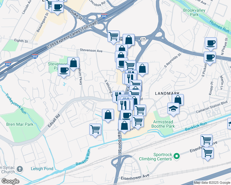 map of restaurants, bars, coffee shops, grocery stores, and more near 5803 Edsall Road in Alexandria