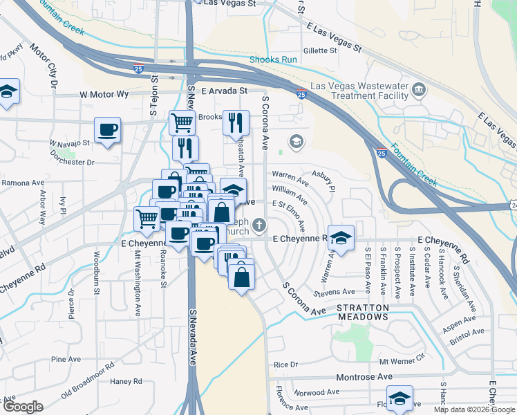 map of restaurants, bars, coffee shops, grocery stores, and more near 1810 South Corona Avenue in Colorado Springs