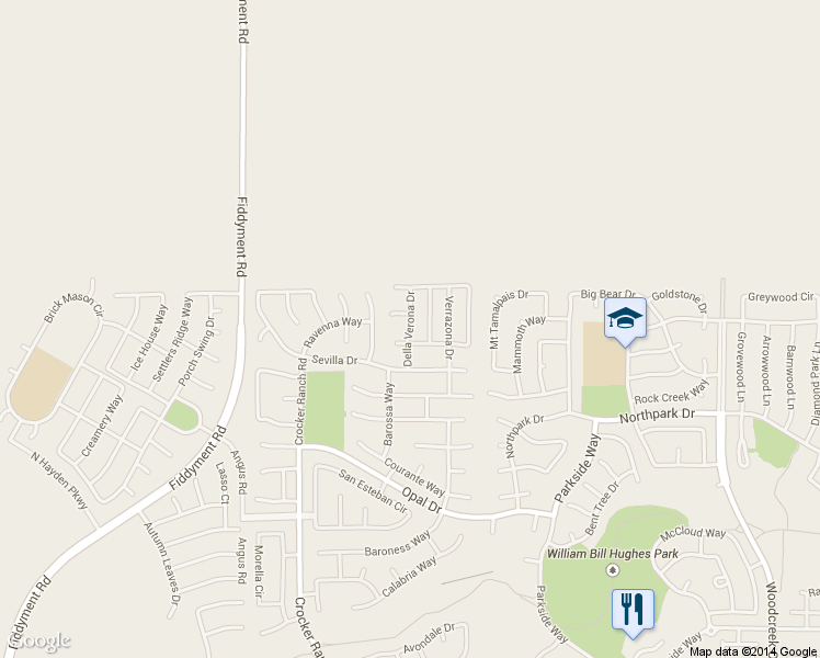 map of restaurants, bars, coffee shops, grocery stores, and more near Della Verona Drive in Roseville