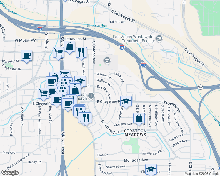 map of restaurants, bars, coffee shops, grocery stores, and more near 542 East Saint Elmo Avenue in Colorado Springs